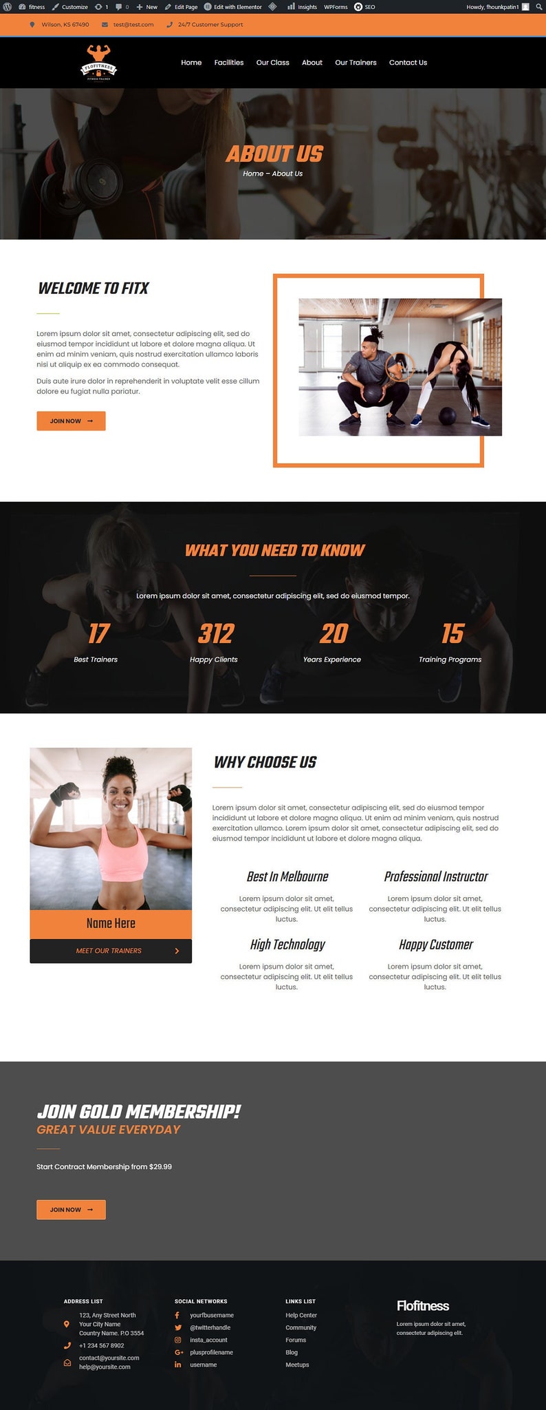 May include: Website homepage for a fitness center called "Fitx" with a black and orange color scheme. The website features images of people working out, information about the gym, and a call to action to join now.