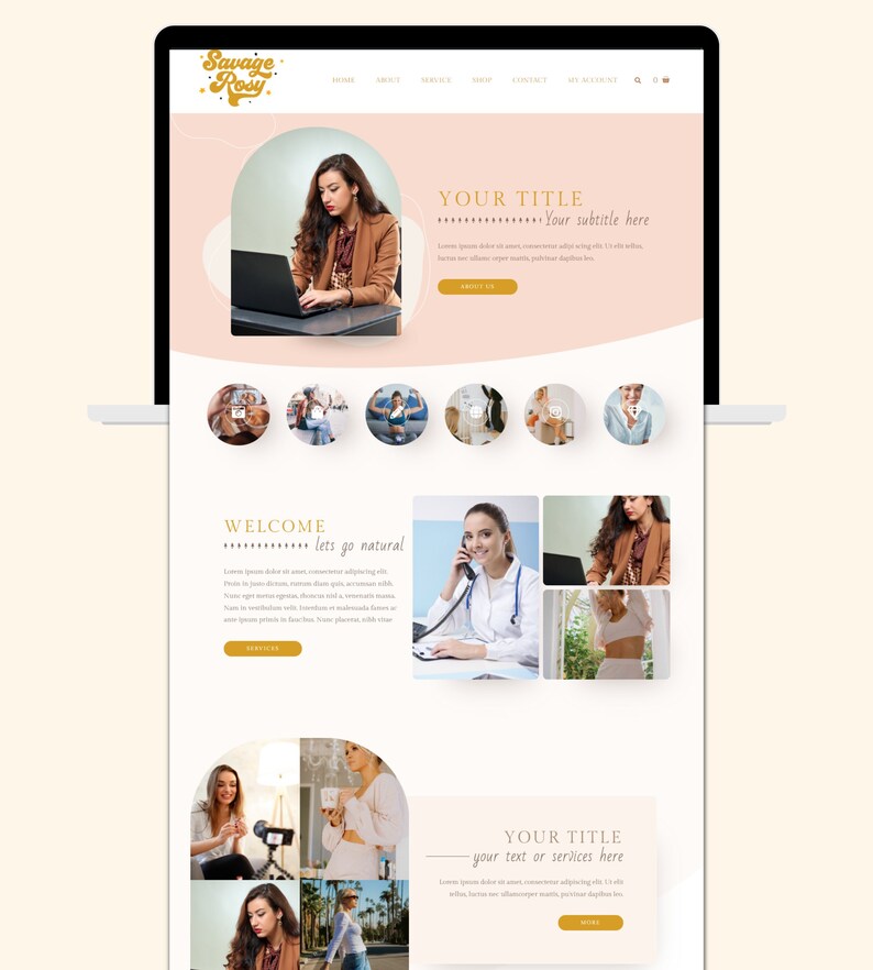 Puede incluir: Una p&aacute;gina de inicio de sitio web con el t&iacute;tulo "Savage Rosy" y un mensaje de bienvenida que dice "Bienvenido... vamos a lo natural". El sitio web presenta un collage de im&aacute;genes de una mujer en diferentes entornos, que incluyen un consultorio m&eacute;dico, un dormitorio y un estudio.