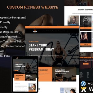 May include: A website design template for a fitness business. The template features a black and orange color scheme with images of people working out. The text "Start Your Program Today" is featured prominently on the website. The website is built on WordPress and Wix.