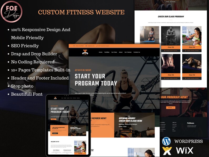 May include: A website design template for a fitness business. The template features a black and orange color scheme with images of people working out. The text "Start Your Program Today" is featured prominently on the website. The website is built on WordPress and Wix.
