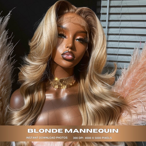 4 Blonde Wig Mannequin Stock Photos BUNDLE, Mannequin Head Wig stock photo, melanin photoshoot, Glam stock photo, AI photos PNG 300Dpi