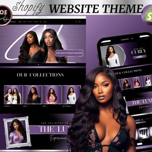 Può includere: Un mockup di sito web per un'azienda di extension per capelli. Il sito web presenta uno sfondo viola con un design bianco e nero. Il sito web mostra diversi tipi di extension per capelli, tra cui ricci, lisci e mossi. Il sito web presenta anche una call to action per acquistare pacchetti e parrucche di qualità.