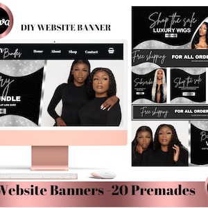 DIY Silver Black WIG and Hair Website Banner Templates-Shopify Website Banner-Wix Website-l website-Canva Website Template-Website Design-