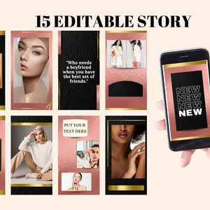 Canva Instagram-sjabloonbundel. Rose Gold, zwart lederen Instagram-post en verhalen. Instagram-puzzel, carrouselsjabloon voor luxe merken.