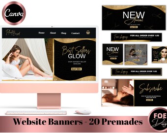 Op de afbeelding: Een verzameling websitebanners voor een beauty- en wellnessmerk. De banners hebben een zwart-gouden kleurenschema met tekst die "Nieuwe Aankomst", "Bestsellers Glow", "Luxe Badset", "Abonneren" en "Gratis verzending voor alle bestellingen boven de € 50" zegt.