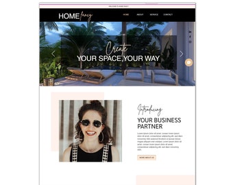 May include: A website homepage for a home design business called "HOME fancy". The website features a photo of a modern outdoor living space with lounge chairs and a pool. The text "Create your space, your way" is displayed in a large font. A photo of a woman with dark hair wearing sunglasses is also displayed with the text "Introducing your business partner".