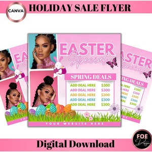 May include: Pink and white flyer with the text "Easter Special" and "Spring Deals". The flyer features images of women with makeup and butterflies. The text "Add Deal Here" is repeated with a price of $300 next to it. The flyer also includes the text "Your Website Here".