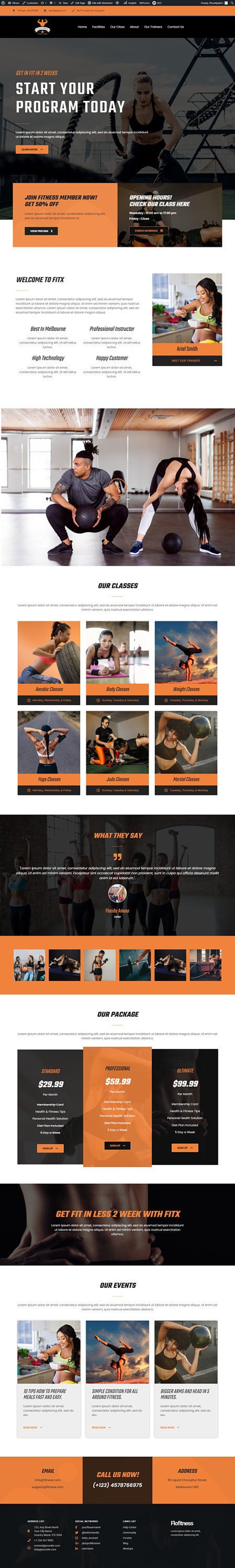 May include: Website for a fitness center called FitX. The website features images of people working out, information about classes, and pricing for different membership packages. The website also includes a call to action to "Get in Fit in Less 2 Week with FitX".