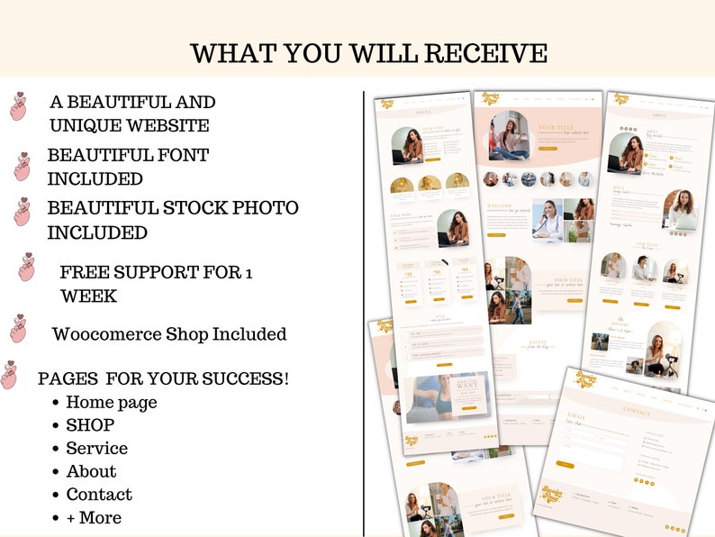 Puede incluir: Un collage de capturas de pantalla que muestran diferentes p&aacute;ginas de un sitio web. El sitio web est&aacute; dise&ntilde;ado para una empresa o un individuo que ofrece servicios. Las p&aacute;ginas incluyen una p&aacute;gina de inicio, una p&aacute;gina de tienda, una p&aacute;gina de servicios, una p&aacute;gina sobre nosotros, una p&aacute;gina de contacto y m&aacute;s. El sitio web est&aacute; dise&ntilde;ado con un estilo moderno y minimalista con un esquema de color rosa y dorado.