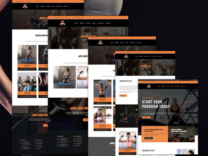 May include: Website for a fitness center with the text "Welcome to FitX" and "Start your program today". The website features images of people working out and information about the fitness center.