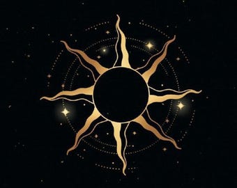 May include: A gold sun with a black centre surrounded by a ring of small gold stars on a black background.