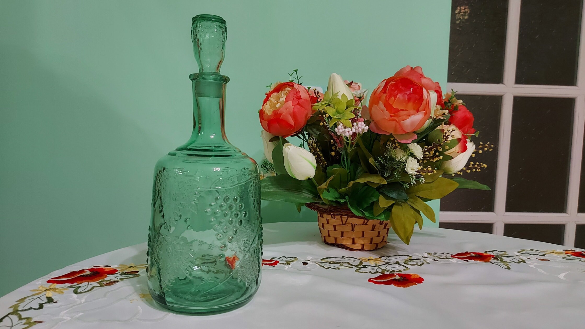 Vintage Glass Wine Bottle With Stopper / Grape Leaves and Fruits Decor