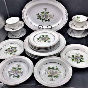 White Rose China, Platinum Trim/Luxurious Vintage White China,Yellow Center Rose, Set of 21 Pieces including Serving Platter Pattern 3939