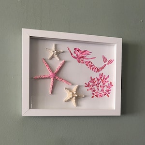 Geniune Seashell Shadow Box, Mermaid Hand Stenciled 1 Box Per Listing Pink or Blue Kid&#39;s Room, Coastal Home Art Wall Hanging or Tabletop