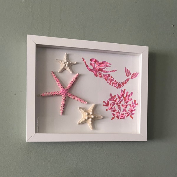 Geniune Seashell Shadow Box, Mermaid Hand Stenciled 1 Box Per Listing Pink or Blue Kid's Room, Coastal Home Art Wall Hanging or Tabletop