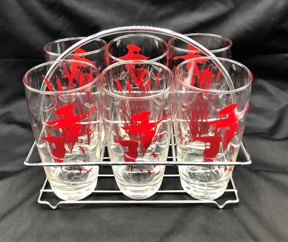 Red Flying Geese, Cattail Tom Collins Glasses, Mid-century Whiskey Glasses  3 Glasses Red Geese/red Bird Christmas Glasses 