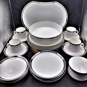 Mikasa Solitude Narumi Elegant China, White China Platinum Trim, 4-4 Piece Setting, Large Serving Plate, Sugar Bowl and  Hoilday China