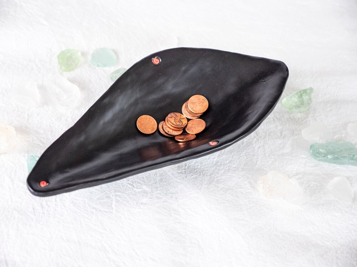 Black Satin Finish Ceramic Candy Dish With Red Accents Sits Etsy