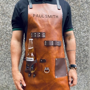 Personalized Leather Apron with Beer pocket BBQ, Blacksmith, Grill, Kitchen, Woodwork, Chef, Butcher, Welder, Handcraft, Tattoo Artist image 2