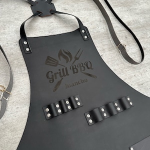 Black Leather Apron With Custom Logo Engraving (Apron for men, Cooking Apron, Men&#39;s BBQ Apron, Barbecue Apron, Grilling Apron)