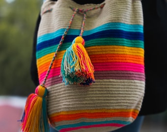 WAYUU Bag Colombian Handmade Crossbody Wayuu Tote Beach Bag Fairtrade Mochila Authentic Fair Trade Bucket Tassels Embroidery Bag Indigenous.