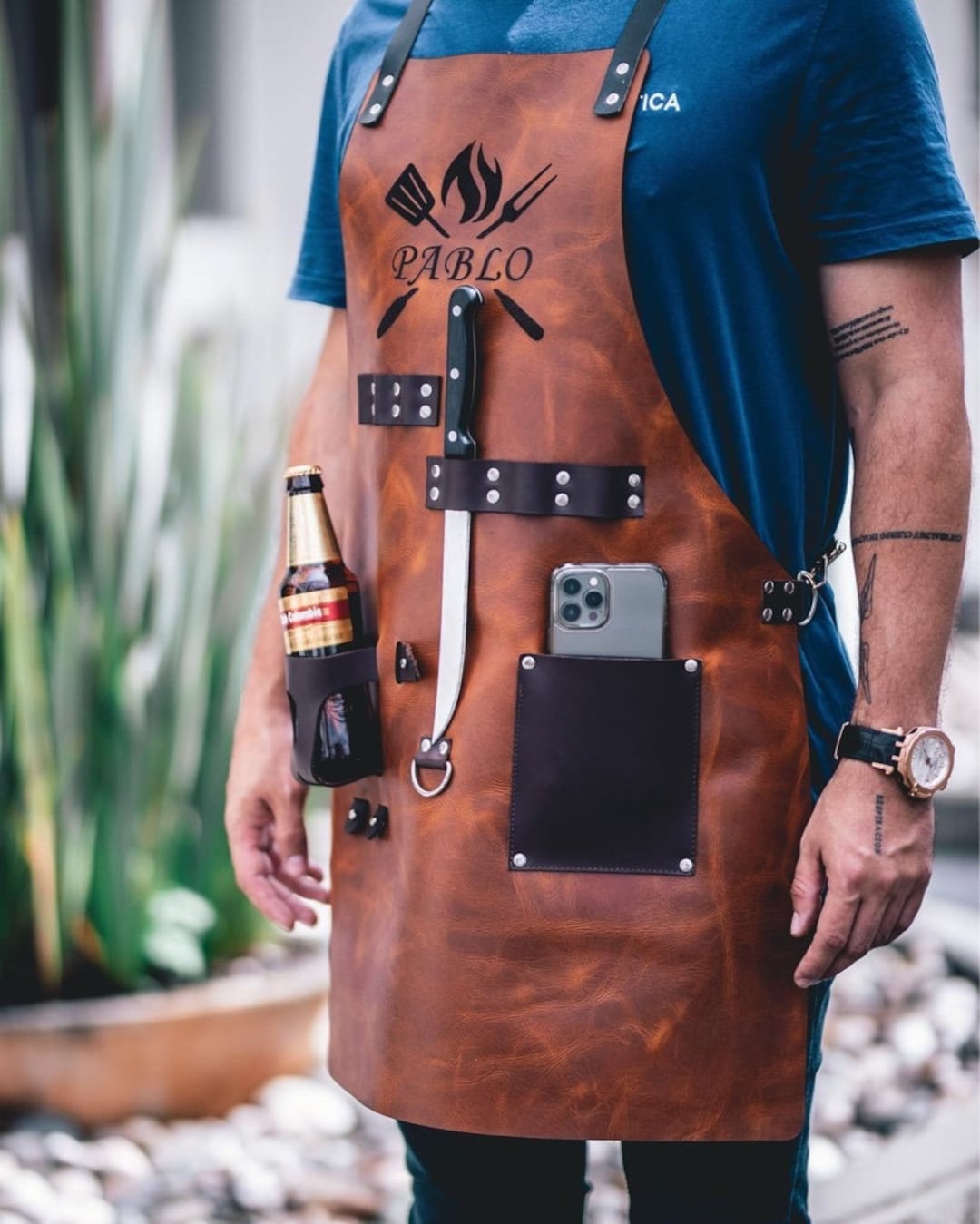 Personalized Leather Apron With Pockets for Drinks BBQ Barbecue Grill