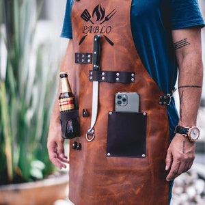 Personalized Leather BBQ Apron with Drink Pockets: Handcrafted Chef Gift