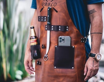 Personalized Leather Apron with pockets for drinks BBQ Barbecue Grill Kitchen Handcraft Master Chef Butcher Gift Minimal for her him Cuisine