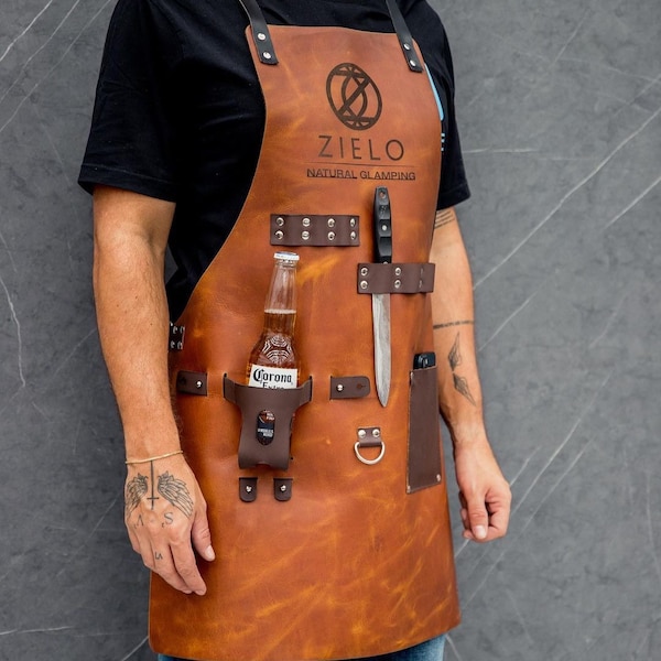 Personalized Leather BBQ Apron with Drink Pockets: Handcrafted Grill Master Gift