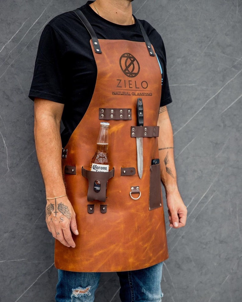 Personalised Leather Apron with pockets for drinks BBQ, Barbecue, Grill, Kitchen, Woodwork, Chef, Butcher, Handcraft, Gift,Grilling Master image 1
