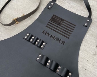 Personalized Leather BBQ Apron with Drink Pockets, Grill Master Gift