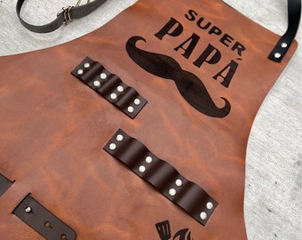 Personalized Leather BBQ Apron with Drink Pockets: Handmade Grilling Gift