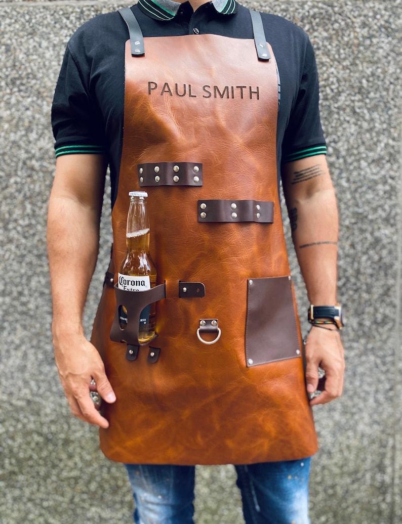 Personalized Leather Apron with Beer pocket BBQ, Blacksmith, Grill, Kitchen, Woodwork, Chef, Butcher, Welder, Handcraft, Tattoo Artist image 2