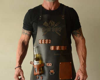 Tablier en cuir personnalisé avec poche à bière (barbecue, forgeron, gril, cuisine, menuiserie, chef cuisinier, boucher, soudeur, artisanat, tatoueur)