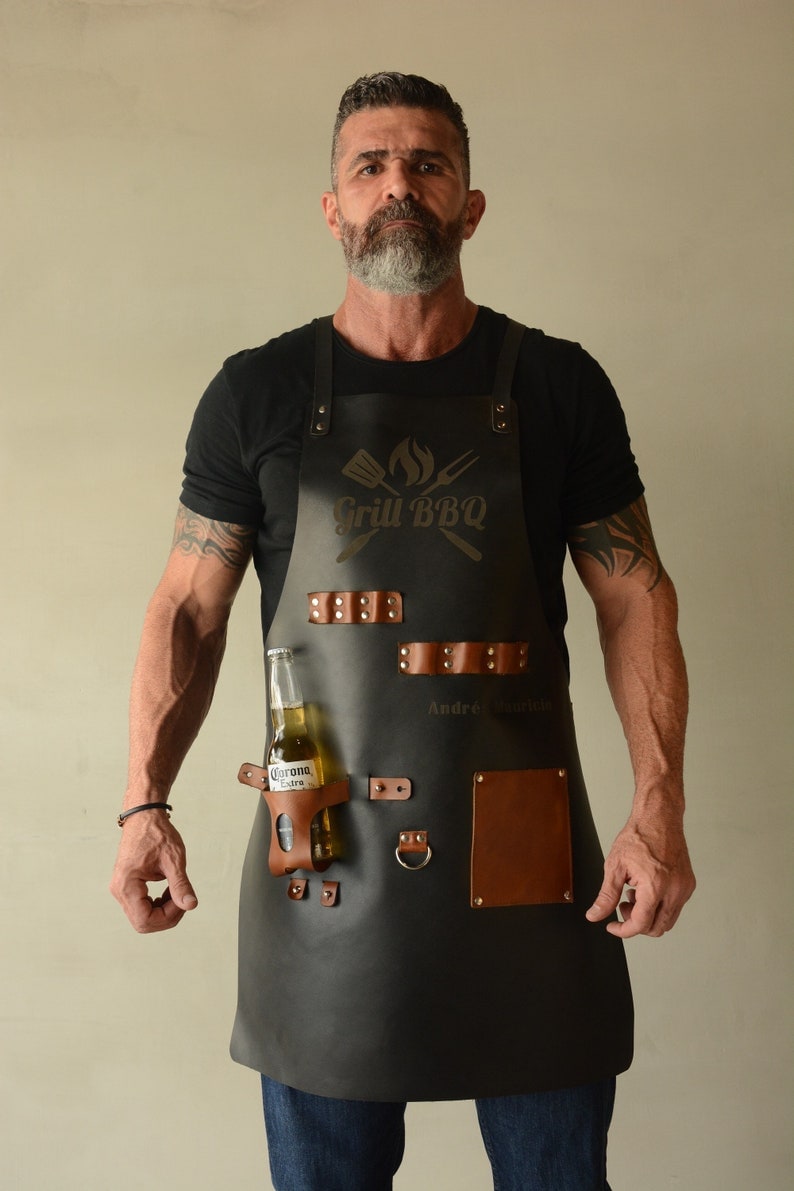 Personalized Leather Apron with Beer pocket BBQ, Blacksmith, Grill, Kitchen, Woodwork, Chef, Butcher, Welder, Handcraft, Tattoo Artist image 1