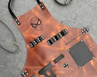 Kids Spider-Man Leather Chef Apron with Drink Holder, Custom Superhero Design