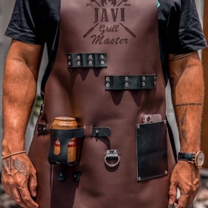 Custom Leather Apron with pockets for drinks BBQ, Barbecue, Grill, Kitchen, Woodwork, Chef, Butcher, Handcraft, Gift,Pit Master Grill Master