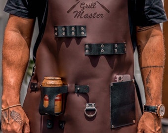 Custom Leather Apron with pockets for drinks BBQ, Barbecue, Grill, Kitchen, Woodwork, Chef, Butcher, Handcraft, Gift,Pit Master Grill Master