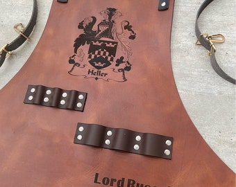 Personalized Leather Apron with Pockets: Handcrafted Family Crest BBQ Apron