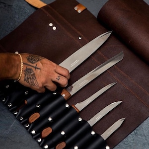 Estuche enrollable de cuero personalizado hecho a mano para cuchillos de chef, herramienta de almacenamiento de cuchillos (parrilla, barbacoa, cocina, comedor, carnicería) con correa para el hombro