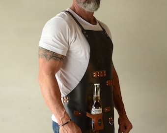 Handmade Personalized Leather Apron with Beer Pocket