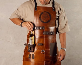 Personalized Leather Apron with Drink Pockets: BBQ Grilling Gift