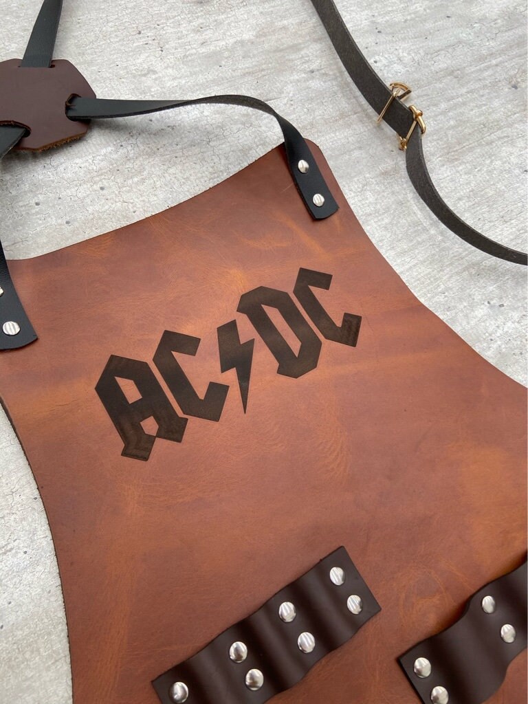 ACDC Personalized Leather Apron Custom BBQ Blacksmith Grill Kitchen Woodwork Chef Butcher Handcraft Gift for him Vintage ACDC svg engraving