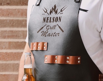 Personalized Leather BBQ Apron with Drink Pockets: Grill Master Gift