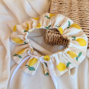 Peut inclure: Un col à volants avec un imprimé citron. Le tissu est de couleur crème avec des rayures marron verticales et des citrons jaunes avec des feuilles vertes. Un ruban blanc est noué à l'avant. Le col est probablement pour un bébé ou un enfant.