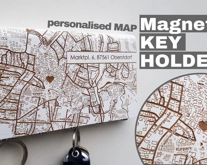 Key holder for wall,  Magnetic key holder, personalized key holder, Map Wood Key Rack, key organiser, housewarming gift, wooden key holder