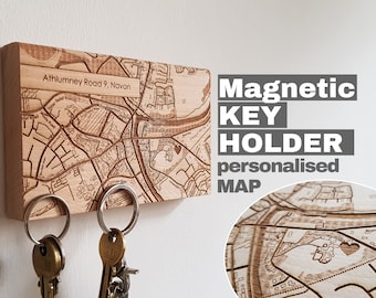 Key holder for wall,  Magnetic key rack, personalised key holder, Map Wood Key Rack, key organiser, housewarming gift, wooden key holder