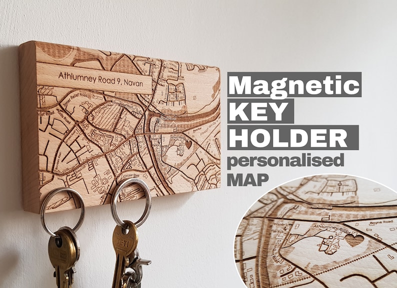 Key holder for wall, Magnetic key rack, personalised key holder, Map Wood Key Rack, key organiser, housewarming gift, wooden key holder image 1