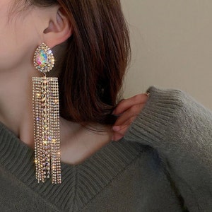 Silver Rhinestone Tassel Earrings For Women Dress Silver Fringe Prom Earrings Long Tassel Bling Crystal Dangle Drop Earrings Mothers Day Gifts Wedding Party Prom Dress Jewerly 2024