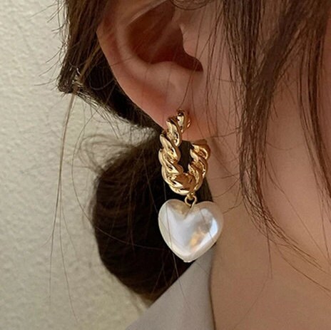 Vintage Baroque Pearl Heart Earrings Chunky Pearl Hoops Big